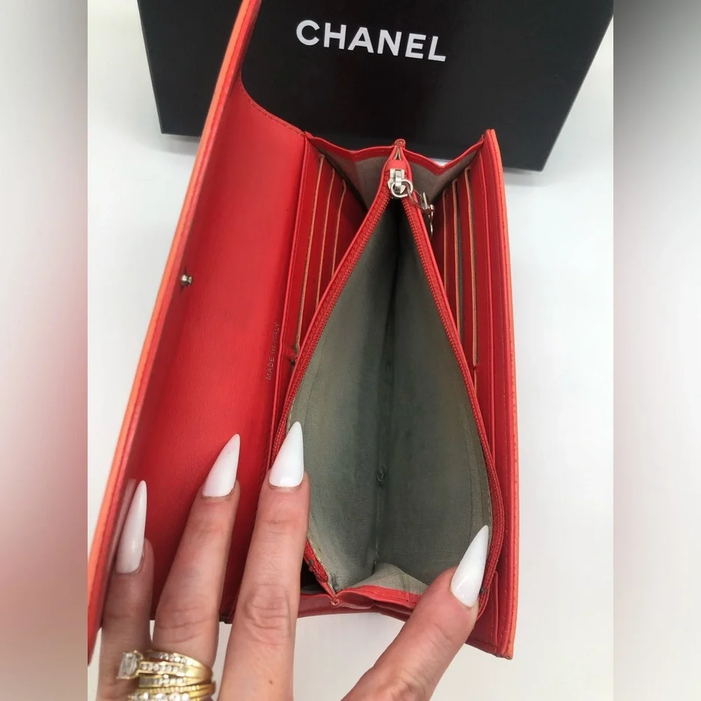 🩷CHANEL Wallet Timeless CC Embroidered Top Flap Snap Long Salmon Pink Coral COA
